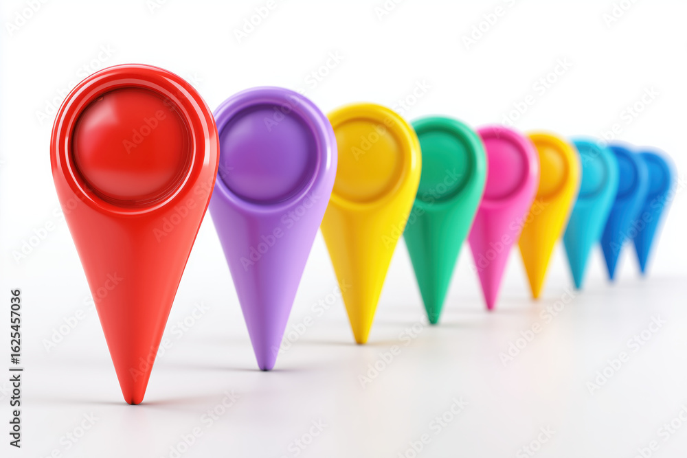 Poster colorful location markers in a row on a clean white background for navigation and mapping concepts