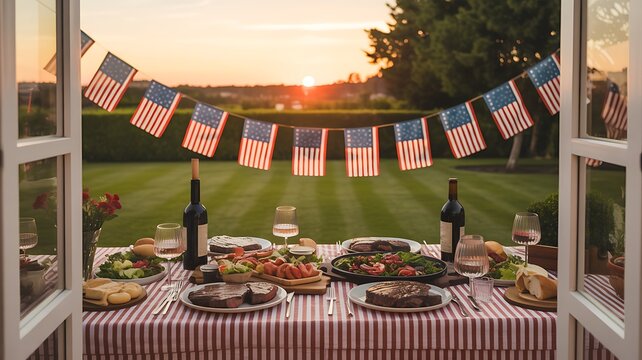 Photo of outdoor fourth of july celebration with a festive table setting and american flags at sunset