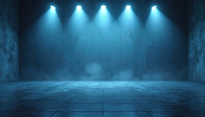 Abstract 3D rendering of dark room with concrete walls, floor illuminated by blue spotlight beams. Glowing light effect with subtle smoke fog creates moody, futuristic atmosphere for graphic design
