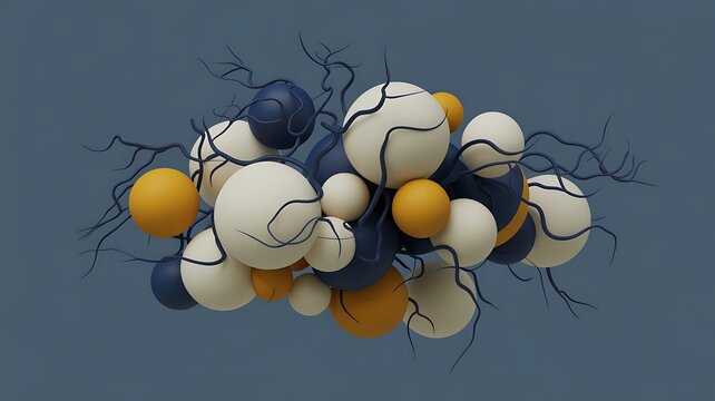 Photo of a dynamic cluster of abstract spheres in various sizes and colors, interconnected by thin, dark branches against a muted blue background