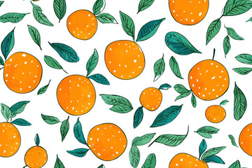 Vibrant orange fruit pattern with green leaves on a clean white background for design projects