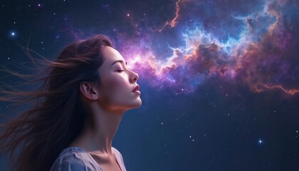 Woman with eyes closed, face tilted upwards towards vibrant, colorful nebula, starry night sky. Hair gently blows. Ai visualization represents deep subconscious dreams, emotions, abstract thought.