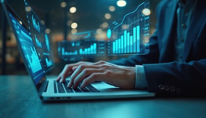 Businessman utilizes AI technology for efficient data analysis, enhanced work productivity. Interactive screens display charts, graphs, AI solutions for problem-solving, unlocking business potential