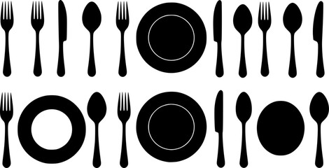 Fork, knife, spoon, and plate set icons. Tableware set flat style. Dinner service collection. Plate, fork, and knife for apps and websites. Dinner service - stock vector.