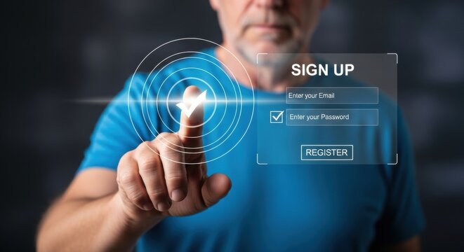 A mans finger touches a glowing digital screen, selecting the sign up option on a futuristic interface, representing online registration and user access