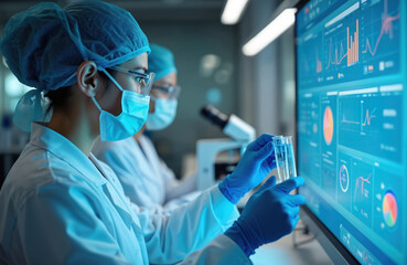 Asian female scientist in lab coat examines test tubes near large screen displaying graphs, data. Wearing face mask, gloves, safety glasses, shows concentration. Research, science, technology,
