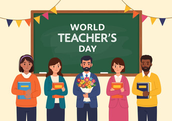 Flat illustration of world teachers day celebration with teachers holding books and flowers in front of a decorated blackboard, symbolizing education and appreciation