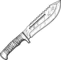 Large survival machete-style knife with sawback spine and reinforced hilt, highly detailed, with hand-drawn style
