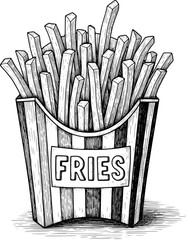 Box of crispy French fries with slight shadow and textured lines, detailed monochrome, with hand-drawn style
