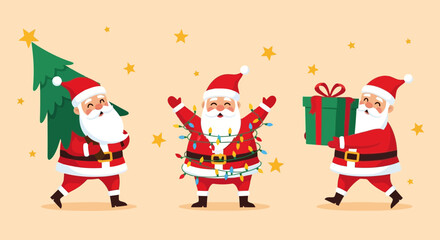 Flat illustration of three cheerful santa claus characters celebrating christmas, one carrying a decorated tree, another adorned with festive lights, and the third holding a gift