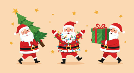 Flat illustration of three cheerful santas celebrating christmas, one carrying a tree, another decorated with lights, and the third holding a gift, spreading holiday cheer