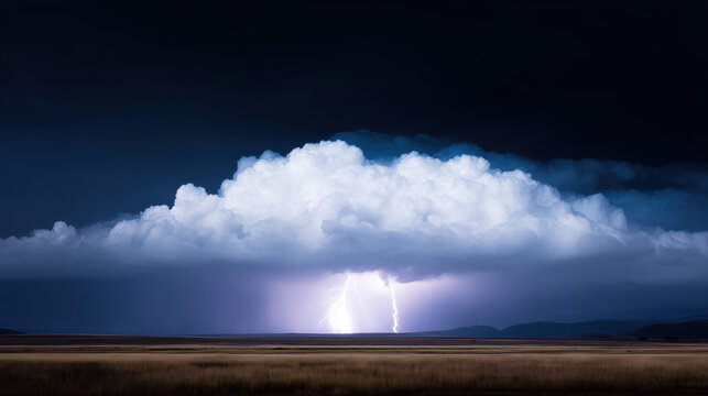 Dramatic storm clouds with lightning illuminating the sky over a vast open landscape