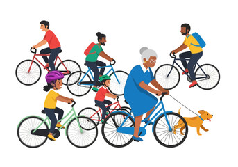 Obraz premium Flat illustration of diverse group of people of all ages, including children, adults, and seniors, cycling together with a dog on a sunny day, healthy lifestyle activity