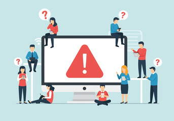 Flat illustration of people confused around a computer screen displaying a warning sign with exclamation mark, representing error and problem solving