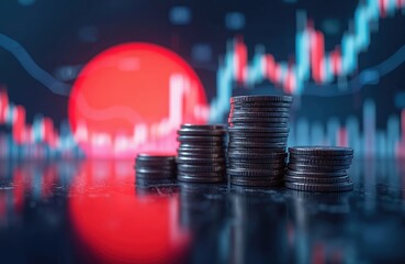 Stacks of coins in front of blurred stock market chart with red, blue indicators. Image financial growth, investment trends, economic activity. Features digital trading platform elements, global