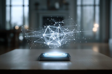 Futuristic holographic cube floating above desk in dark tech lab, glowing with digital energy, representing quantum computing, virtual data visualization, AI simulation and next-generation technology 