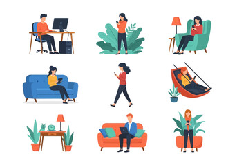 Flat illustration of collection of people using technology and relaxing in various home settings, including working on laptops and using smartphones, isolated on white background