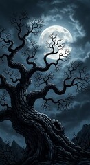 Spooky gnarled ancient tree silhouetted against a bright full moon on a cloudy night