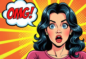 Comic book style illustration of surprised woman with dark hair and wide eyes exclaiming OMG in speech bubble, retro pop art design
