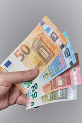 Hand Holding Euro Banknotes on Neutral Background