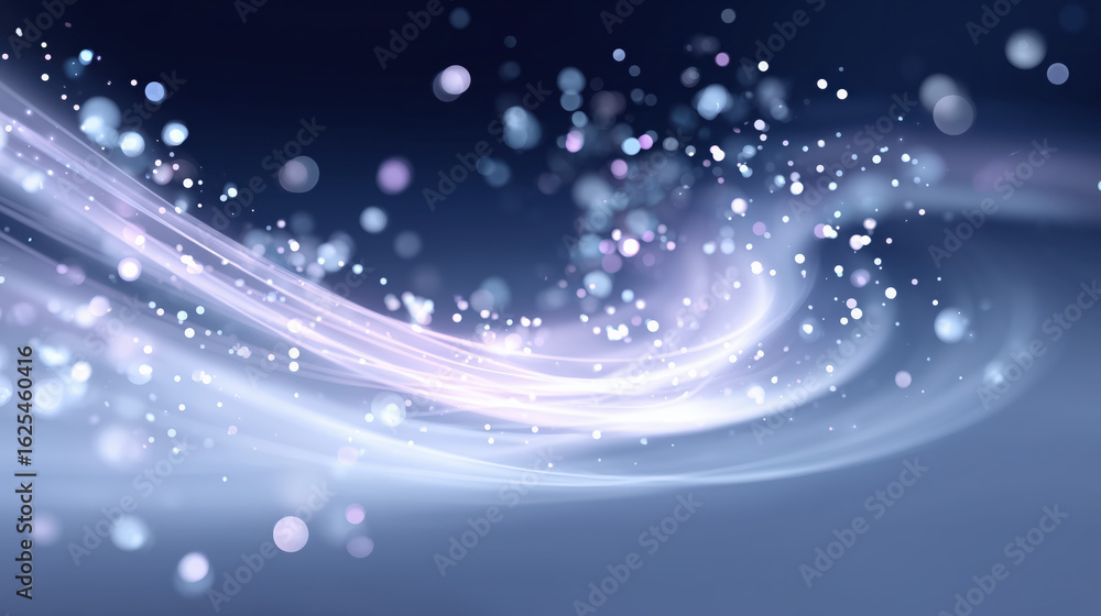 Poster abstract light trails with sparkling bokeh effects on a dark blue background for creative design