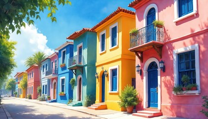 Fototapeta premium Row of colorful Caribbean houses on sunny day. Vibrant watercolor illustration shows painted facades with balconies, windows, doors in urban town setting. Tropical vacation destination, picturesque