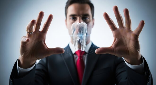 Man in suit and tie holding a glowing digital tooth model between his hands, representing advanced dental technology and oral healthcare innovation