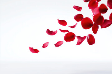Red rose petals falling on white isolated background, copy space
