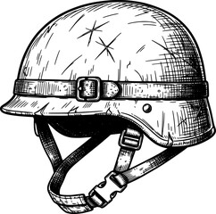 Military helmet with scratches and straps, black and white, with hand-drawn style