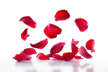 Floating red rose petals in mid-air