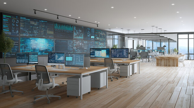 High-Tech Financial Data Control Room with Dual Monitors Showing Real-Time Charts, Business Analytics, Cybersecurity Metrics and Investment Statistics in Modern Office with Digital Screens - Powered by Adobe
