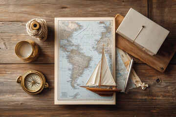 Nautical themed flat lay with map, model sailboat, compass, and decorative elements for travel inspiration