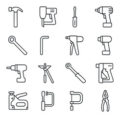 Tools linear icon set. featuring hammer, drill, screwdriver, wrench, saw, stapler, clamp, pliers