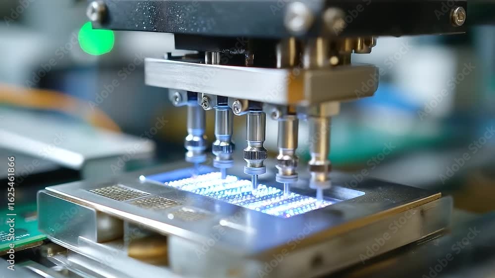 Poster automated bga chip placement on a motherboard with precision solder paste application.