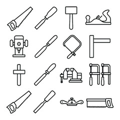 Obraz premium Carpentry tools linear icon set: saw, chisel, hammer, plane, drill, clamp, vise, mallet, c-clamp