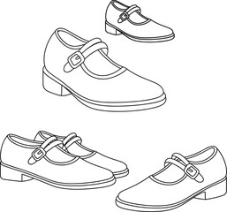 Detailed Mary Jane shoe illustration, classic buckle footwear, fashion design sketch, black and white vector, coloring book, high-quality line art