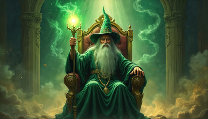 Wizard in green robes sits on ornate throne, holding glowing staff. Mystical symbols and smoke swirl in emerald light. Hand-drawn fantasy art depicts powerful sorcerer in magical setting.