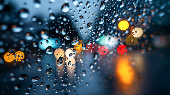 Macro photo of raindrops on window with blurred colorful city lights