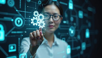 Asian businesswoman interacts with futuristic AR interface. Touches holographic gears on digital screen, exploring virtual business world. Technology advances, global communication, innovation