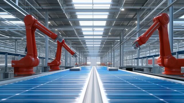 Automated red gantry robots efficiently stacking blue solar cells in a factory setting.
