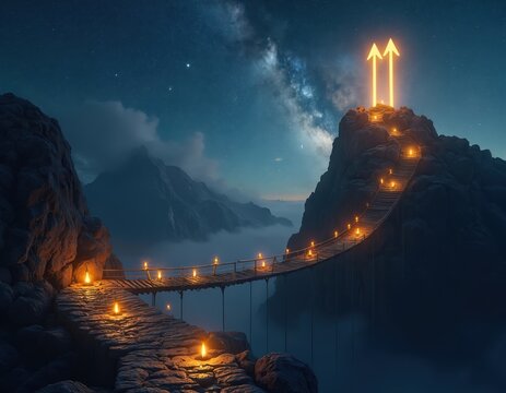Bridge connects two mountains under starry night sky. Glowing arrows point upward symbolizing success, overcoming challenges. Pathway lit by many torches leads up steep rocky mountain. Fog below.