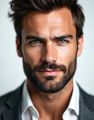 Fototapeta premium Handsome bearded businessman smiles confidently in studio portrait. Adult male finance pro wears smart suit, white shirt. Confident man exudes success, ambition for corporate, finance themes.