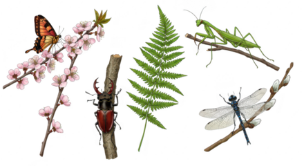Photo of a vibrant butterfly, stag beetle, mantis, and dragonfly perched on various plants and flowers, isolated on transparent background