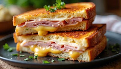 Crispy grilled chicken cordon bleu sandwich with melted Swiss cheese and ham on toasted sourdough bread. A gourmet comfort food delight perfect for lunch or a satisfying quick meal.