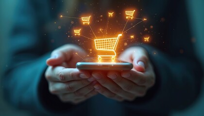 Digital commerce growth via mobile technology. Glowing shopping carts connect via lines from smartphone. Online retail trends show e-business expansion, connectivity, network sales. Innovation drives