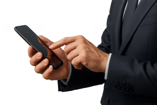 Businessman using smartphone with transparent background