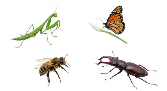 Photo of a diverse collection of insects including a mantis, butterfly, bee, and beetle, isolated on transparent background