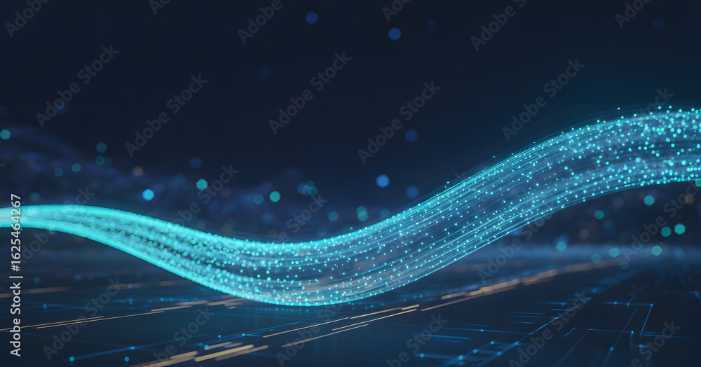 Poster digital flow: a luminous digital stream weaves across a futuristic circuit board, symbolizing data t