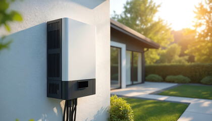 Solar energy inverter mounted on white exterior wall. Modern device connected by wires, part of home photovoltaic system for clean electricity. Shows efficient technology for sustainable living.