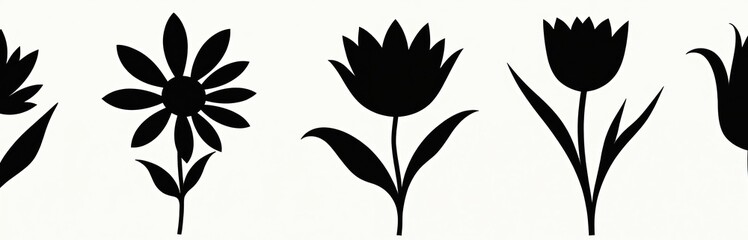 Minimalist black, white illustration of five simple floral silhouettes. Features daisy, tulip shapes with clean lines, perfect for graphic design, branding, nature-themed decor. Botanical elements